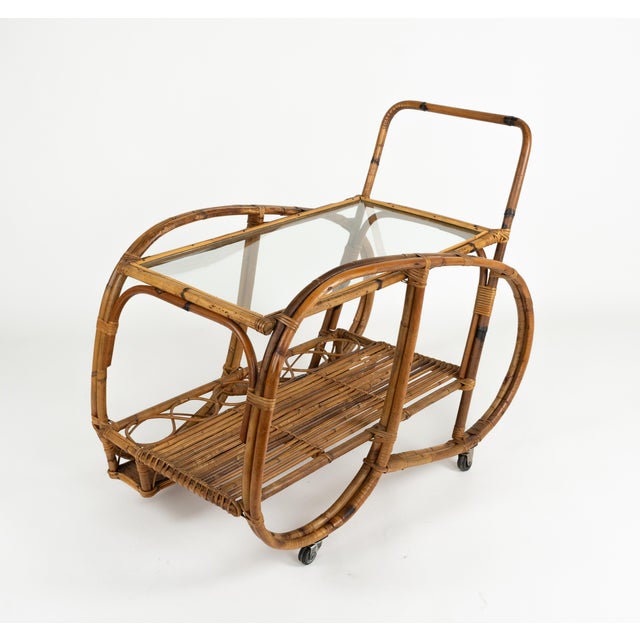 Midcentury Modern Italian Rattan and Glass Serving Bar Cart, 1960s For Sale - Image 10 of 16