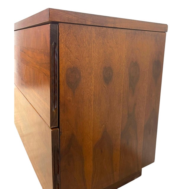 Wood Vintage Mid-Century Modern Two-Drawer Nightstand With Book-Matched Wood Grain. For Sale - Image 7 of 10