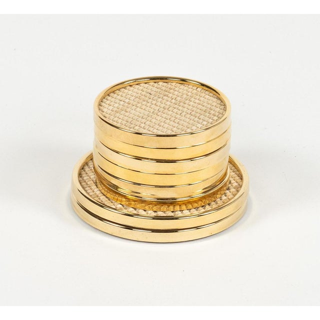 Mid-Century Modern Barware Coasters in Brass and Rope, Italy, 1970s, Set of 8 For Sale - Image 10 of 14