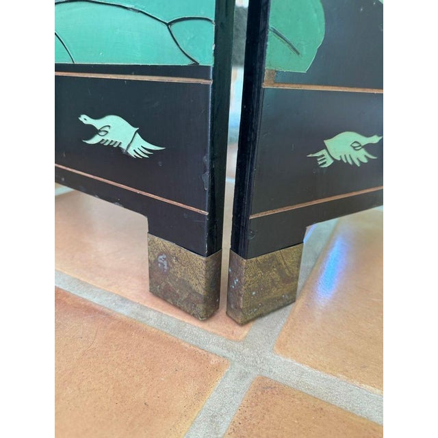 1960s Vintage Chinese Four Panel Room Divider, Folding Screen With a Chinoiserie Pond Scene Painted on Both Sides For Sale - Image 5 of 9