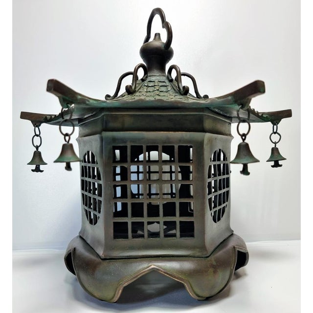 Large Chinese Bronze Lantern Ceiling Lamp, 1930s For Sale - Image 5 of 17