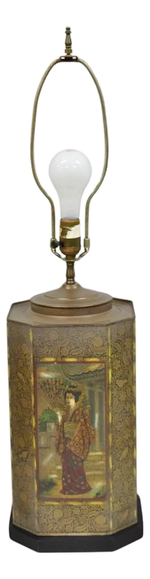 Vintage Chapman Oriental English Metal Tea Canister Figural Painted Table Lamp