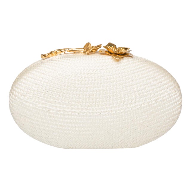 Joanna Oval Clutch in Off White With Gold Flower Clasp For Sale