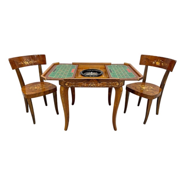 Circa 1970s Italian Marquetry Metamorphic Roulette Game Table & 2 Chairs For Sale