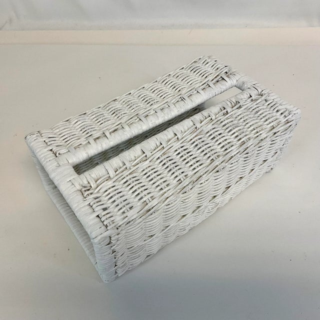 Offering a vintage Boho Coastal Chic White Wicker Tissue Box Cover. The design is a traditional wicker weave. It works in...