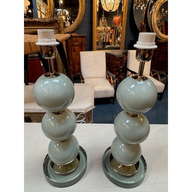 Early 21st Century Pair of Pale Blue Murano Glass Ball Form Lamps For Sale - Image 5 of 6