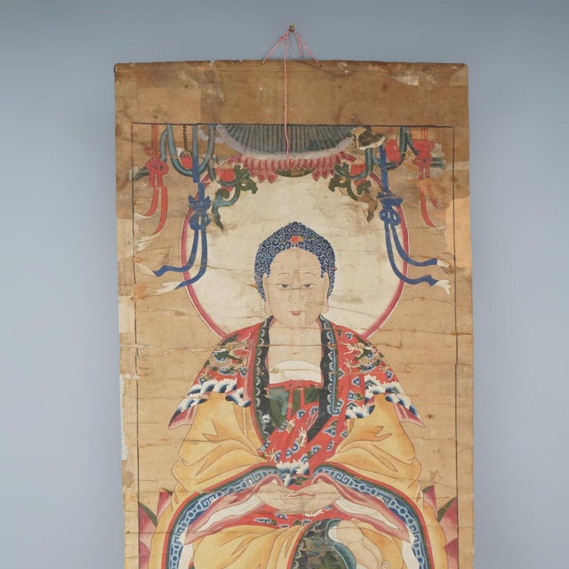 Large Antique Chinese Deity Scroll Painting 19th Century For Sale - Image 6 of 12