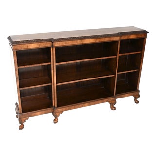 Antique Walnut Breakfront Open Bookcase, 1920 For Sale
