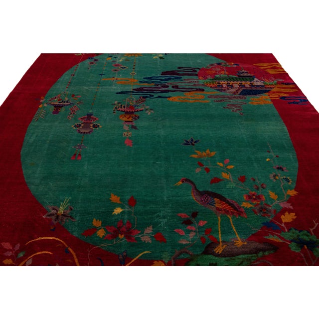 Art Deco Green and Red Antique Art Deco Handmade Floral Chinese Wool Rug For Sale - Image 3 of 9