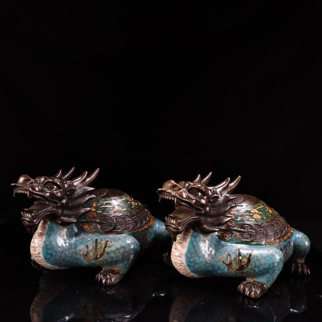 This is a matching pair of cloisonné enamel figurines in the form of dragon-turtles (Bixi), featuring intricate high-...