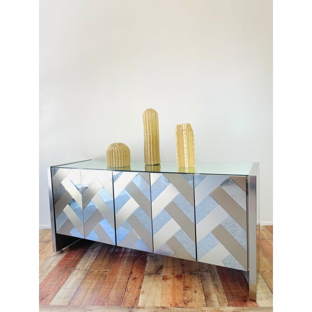 Ello Vintage 1970s Ello Mirror & Brushed Metal Metal Mid Century Modern 5 Door Credenza Cabinet For Sale - Image 4 of 15