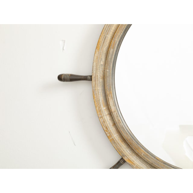 Mid-Century Modern English Midcentury Period Ship Wheel Shaped Mirror with Distressed Patina For Sale - Image 3 of 7