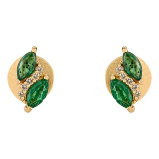 Vintage-Inspired 14k Yellow Gold Stud Earrings With Natural Emerald & Diamond- A Pair For Sale