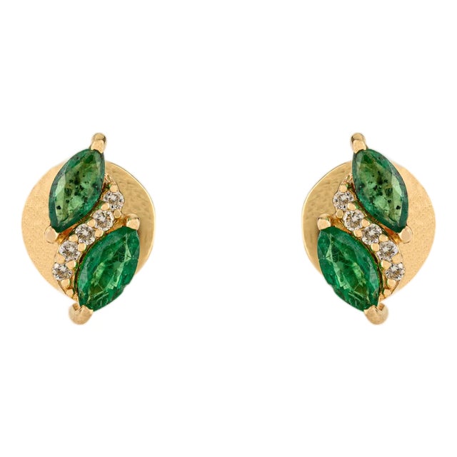 Vintage-Inspired 14k Yellow Gold Stud Earrings With Natural Emerald & Diamond- A Pair For Sale
