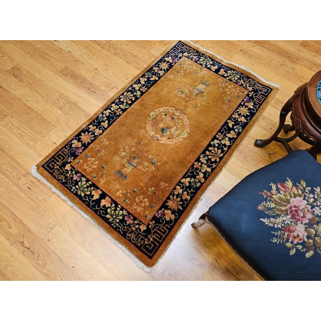 Art Deco Vintage Chinese Art Deco Area Rug, Hand-Knotted Wool Pile, Tan, Dark Blue, 1920s For Sale - Image 3 of 12