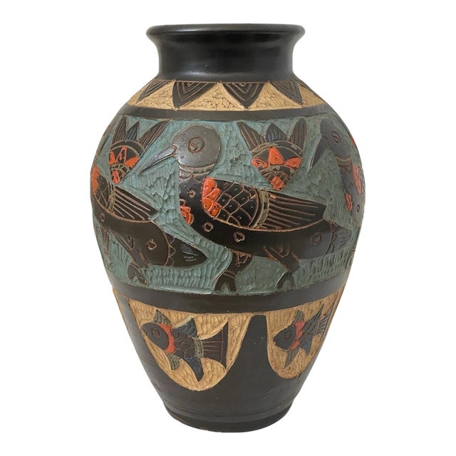 Vintage Okinawa Tsuboya Yaki Pottery Vase Etched Birds and Fish. 10” For Sale