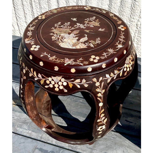 Wood Vintage Asian Hardwood Inlay Low Stools - a Pair For Sale - Image 7 of 10