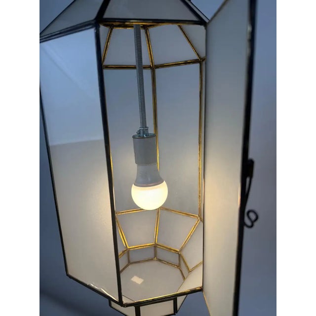 White 1990s Art Deco Style Frosted White Milk Glass & Bronze Octagonal Pendant - a Pair For Sale - Image 8 of 15
