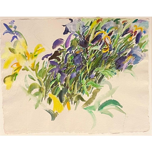 Hand signed Irises (purple and yellow flowers) 30 X 37 framed. 20.5 X 26.5 sheet without frame. Bernard Chaet (born 1924,...