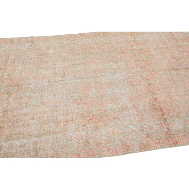 1910s Antique Malayer Handmade Geometric Pattern Pink and Tan Scatter Wool Rug For Sale - Image 5 of 9