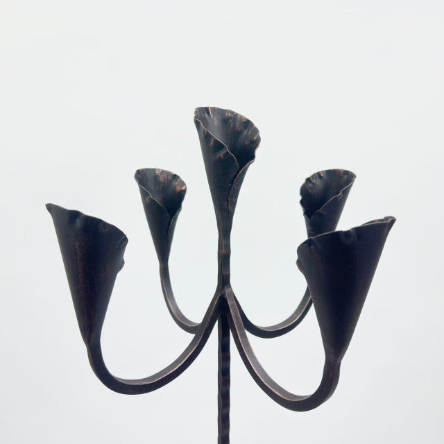 Hand Forged Iron Floor Candelabra 49″ (124cm) Antique Copper Patina 5-Arm Lily Cup Candle Holder Rustic Church Decor For Sale - Image 6 of 8