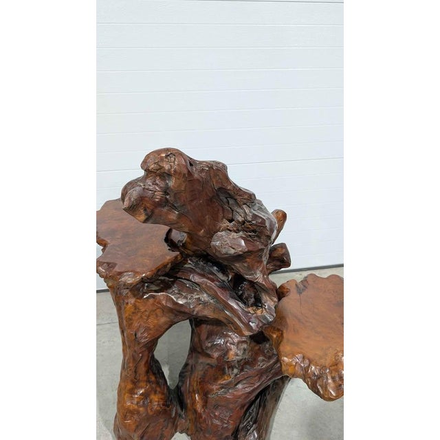 Contemporary Carved Burl Wood Pedestal Plant Sculpture Stand / Coffee Table For Sale - Image 3 of 7