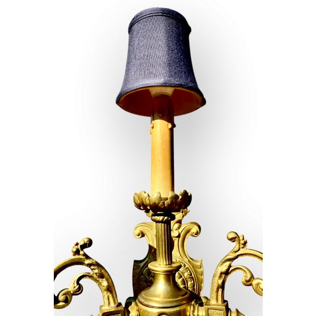 Metal Antique French Gilt Bronze Three Light Sconce Black Silk Shades Crystal Prisms For Sale - Image 7 of 13