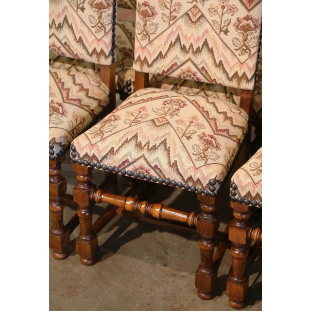 Wood Set of Six Mid-Century French Louis XIII Walnut Dining Chairs With Tapestry Seat For Sale - Image 7 of 10