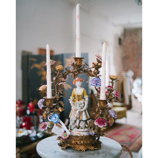 1950s French Rococo Bronze and Porcelain Sheperdess Candleabra For Sale - Image 5 of 8