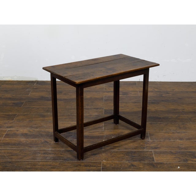 Brown English Oak 1800s Side Table with Planked Top, Straight Legs and Stretchers For Sale - Image 8 of 11