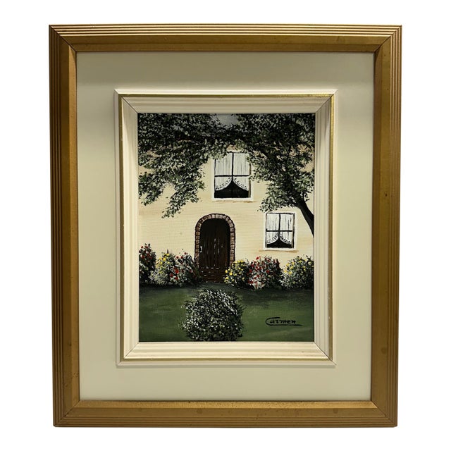 Vintage Signed Carmen Naïve Folk Art Garden House Painting For Sale