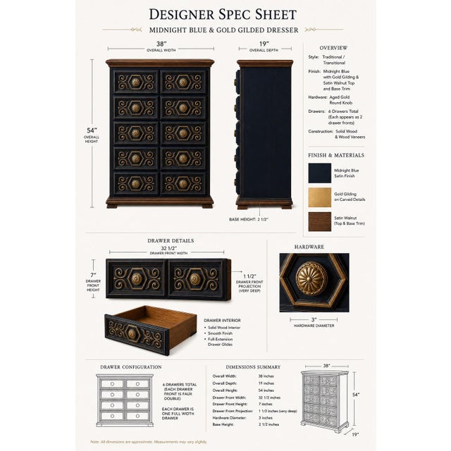 Hollywood Regency Vintage 1970s Drexel-Attributed Tallboy Dresser — Custom Midnight Blue & Gilded Finish, Dovetail Construction For Sale - Image 3 of 10