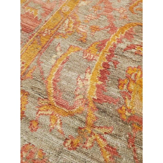 Antique Oushak Handmade Turkish Oriental Saffron, Coral & Light Blue Rug For Sale - Image 9 of 12