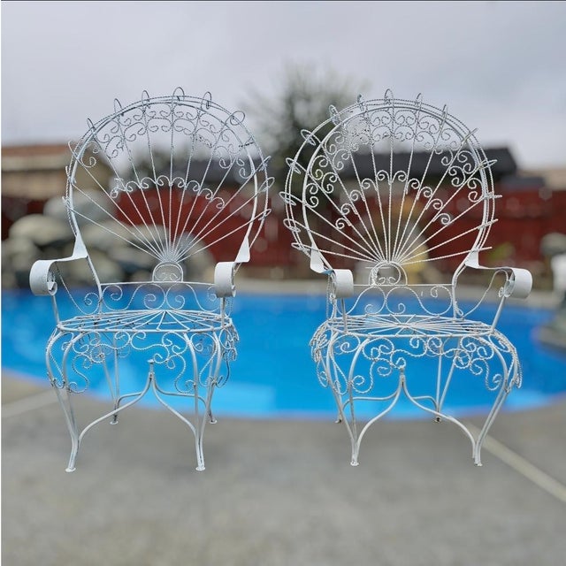 Metal Vintage White Wrought Iron Peacock Armchairs-Set of Two For Sale - Image 7 of 18