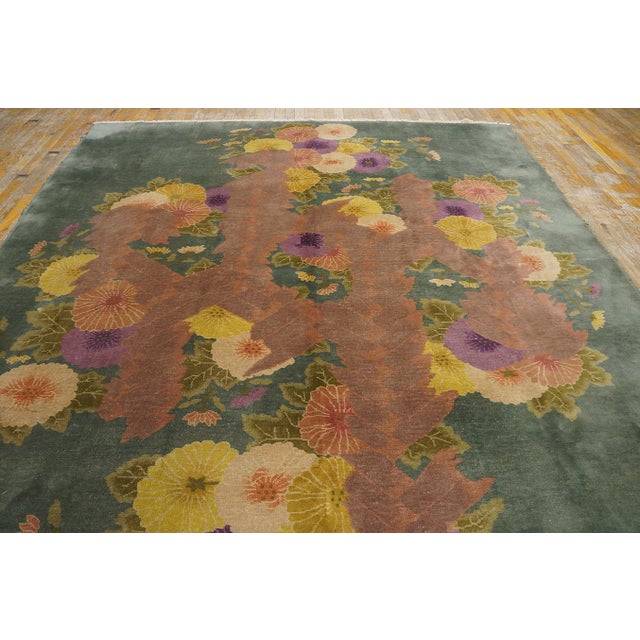 1920s Green Floral Modern Antique Chinese Art Deco Rug by Nichols Workshop 7'10''x9'2'' Wool Carpet For Sale - Image 11 of 12