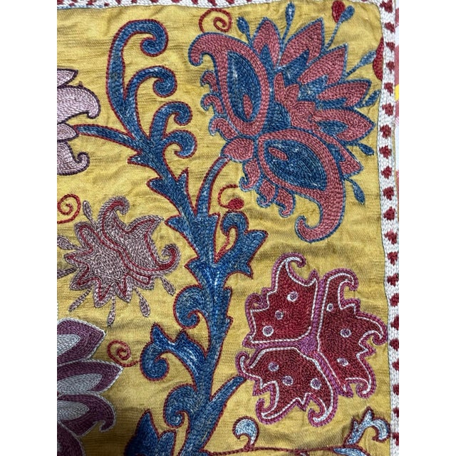 27” Uzbekistan Suzani Floral & Paisley Embroidered Silk Textile With Cotton Ikat Reverse For Sale - Image 10 of 12