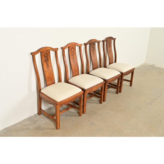 Thomasville Thomasville Mid-Century Hollywood Regency Chinoiserie Carved Walnut Dining Chairs, Set of Four For Sale - Image 4 of 13