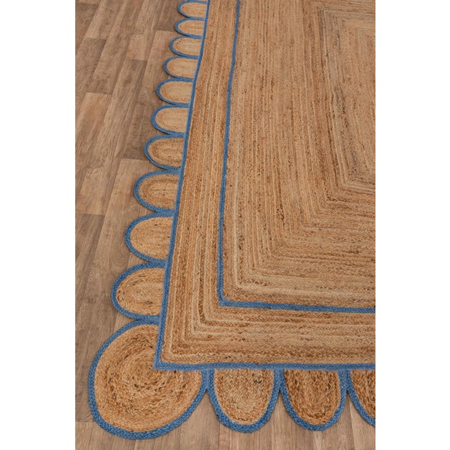 French Blue Trim Jute Scallop Braided Handmade Rug - 8'x10' For Sale - Image 6 of 10