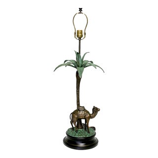 Vintage Bronze Camel and Palm Tree Orientalist Patinated Bronze Table Lamp For Sale