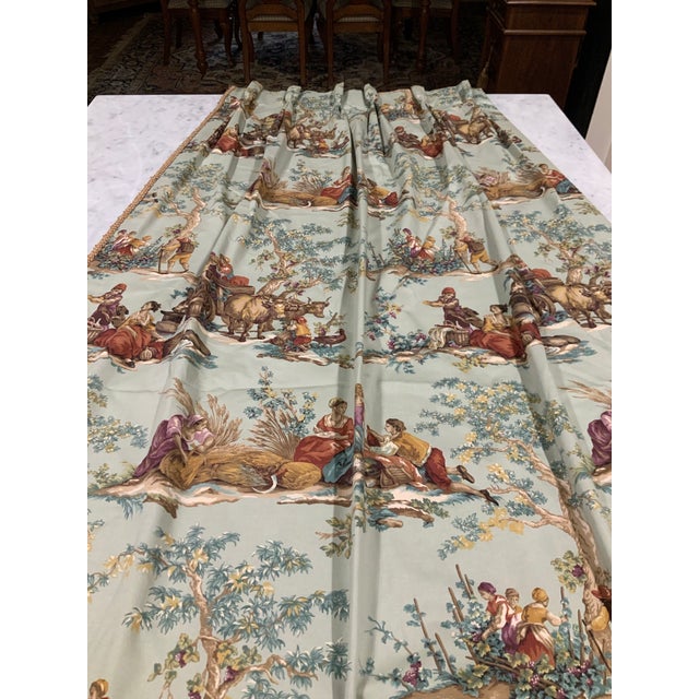 3 Pair Custom Designer Fabric Multi-Color Toile Drapery Panels / Curtains / Drapes For Sale - Image 9 of 11
