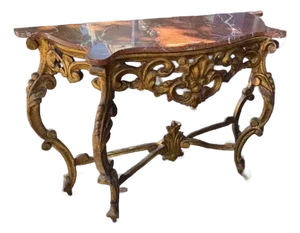 Antique Gilt Italian Marble Top Console Table Serpentine Front