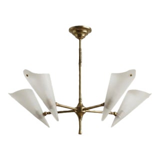 1950s Rare Italian Mid-Century Brass & Frosted Glass Chandelier Attributed to Stilnovo For Sale