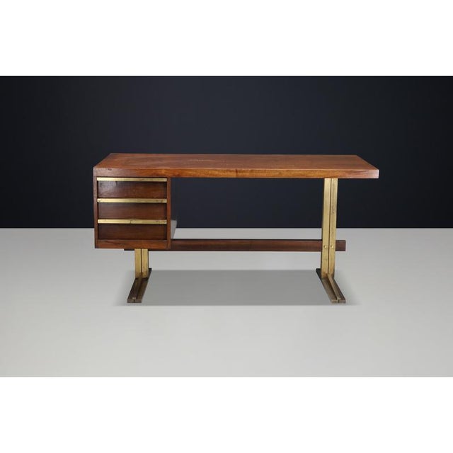 Italian Walnut Desk with Brass Base, Italy, 1950s For Sale - Image 3 of 18