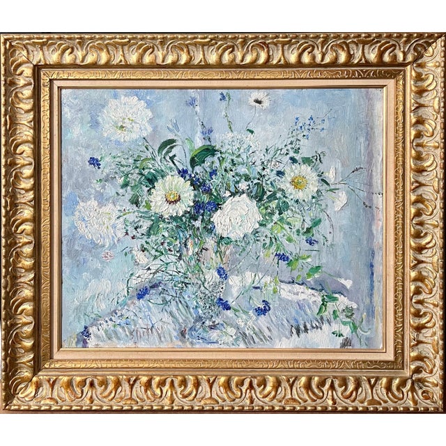 Samuel Rothbort, Bold Folk Art Modernist Floral Bouquet Oil Painting Flowers in Vase Gilt Frame, c.1950's For Sale
