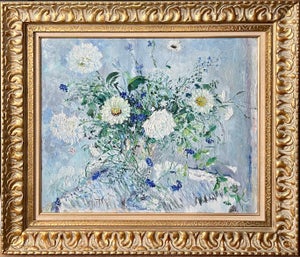 Samuel Rothbort, Bold Folk Art Modernist Floral Bouquet Oil Painting Flowers in Vase Gilt Frame, c.1950's