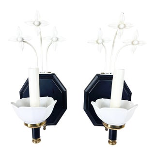 1940s Mid-Century Ceramic & Metal Tole Floral Wall Sconces - A Pair For Sale