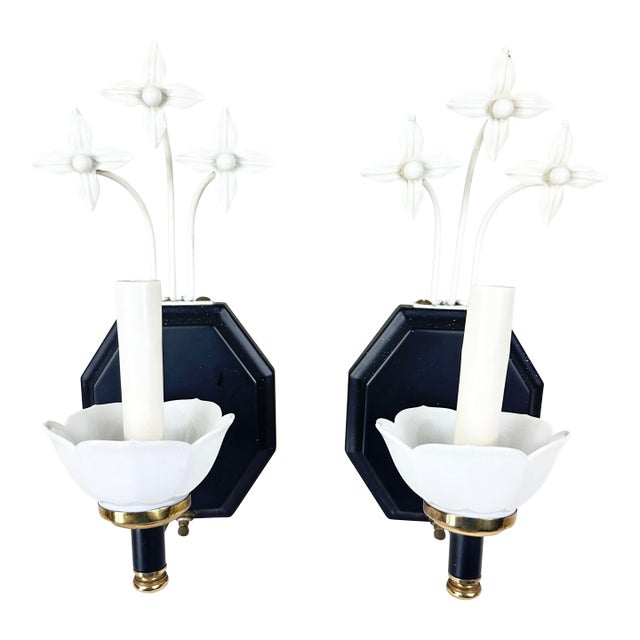 1940s Mid-Century Ceramic & Metal Tole Floral Wall Sconces - A Pair For Sale