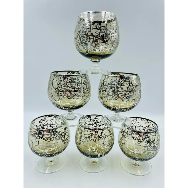 Vintage Petite Smokey Quartz-Colored Brandy/Cognac Snifters With Silver Gilded Venetian Scene -Set of 6 For Sale - Image 13 of 13