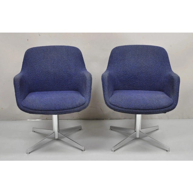 Vintage Mid Century Modern Blue Upholstered Chrome Swivel Base Club Chair - Pair. Item features blue knubby wool...