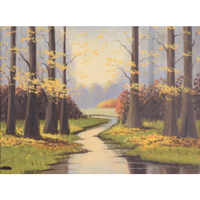 Tranquil landscape by Lylia T. Shackelford (20th Century). A calm stream flows down the center of the painting, framed on...